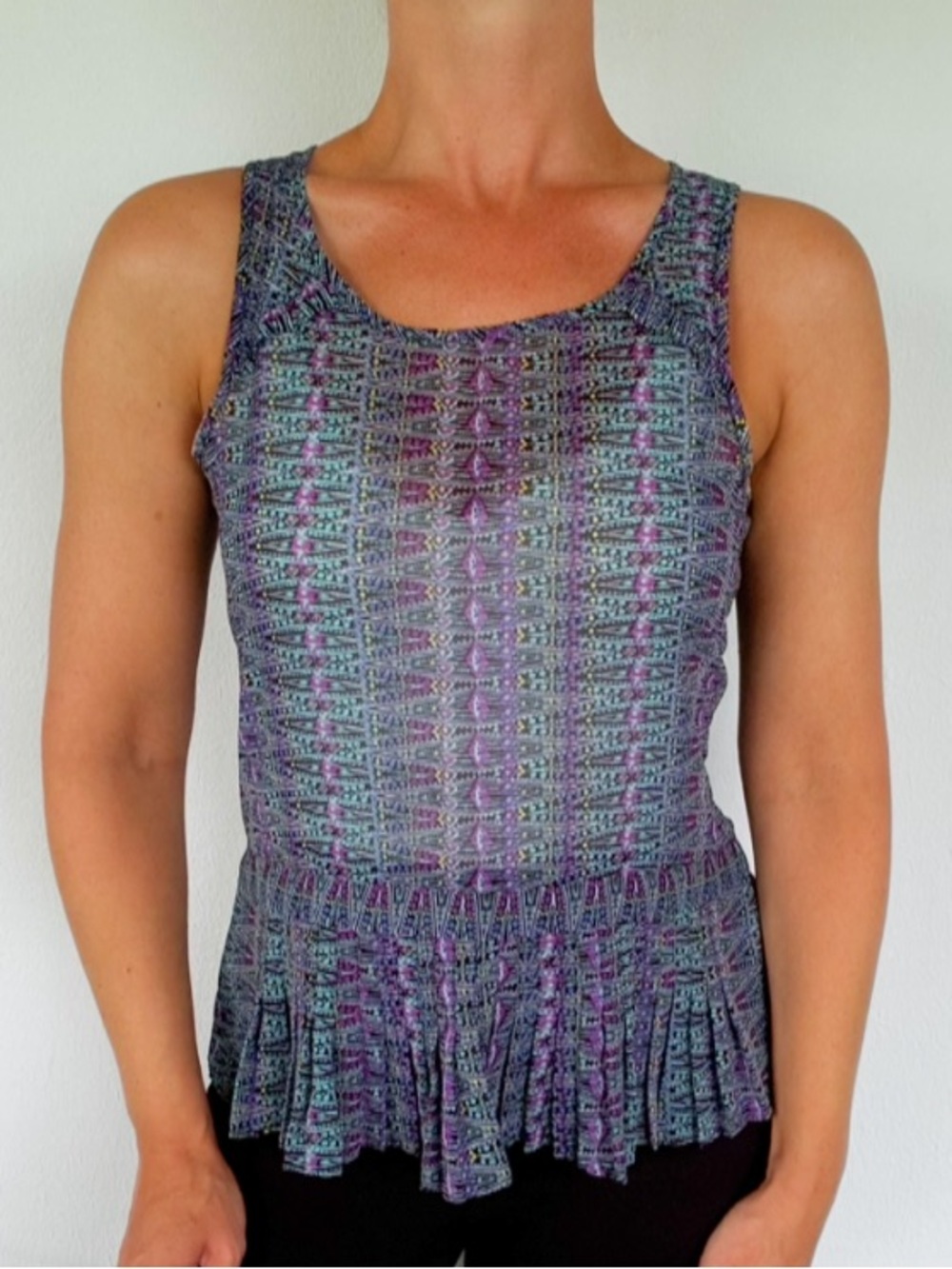 American Eagle sheer purple green tribal print ruffle peplum sleeveless top XS